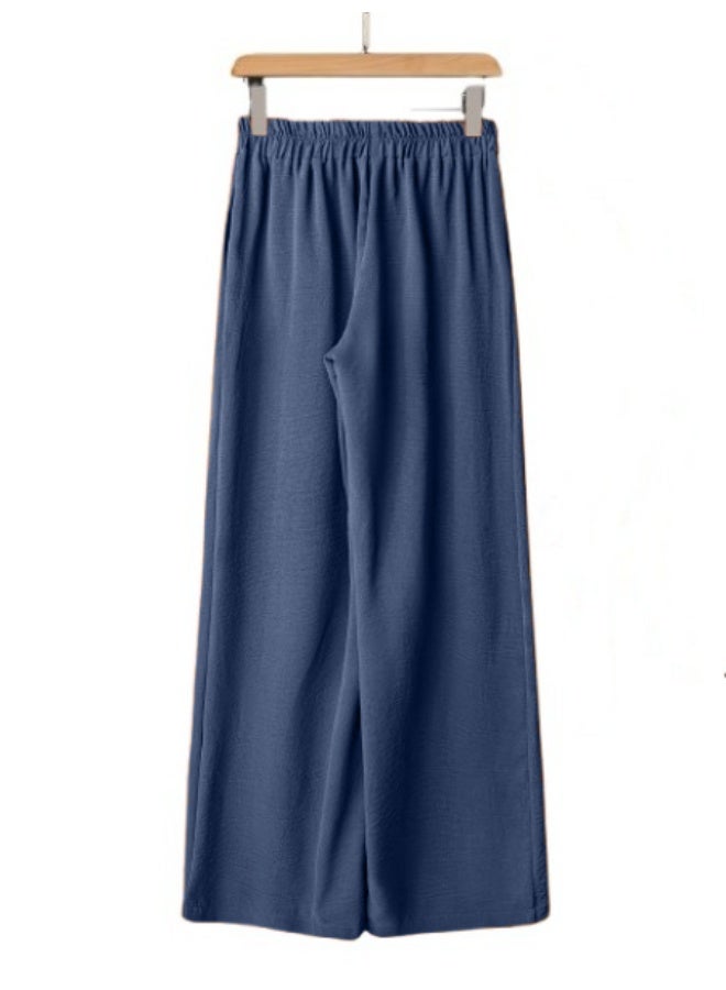 بنطلون نسائي واسع الساقين، بخصر مطاطي ورباط، مقاس حر، مناسب للارتداء اليومي. - Image 2